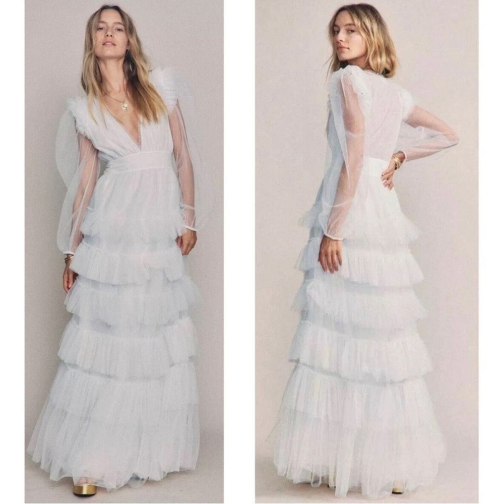 LoveShackFancy Francoise Dress V Neck Ruffles White Tulle Sheer Tiered Dress 6